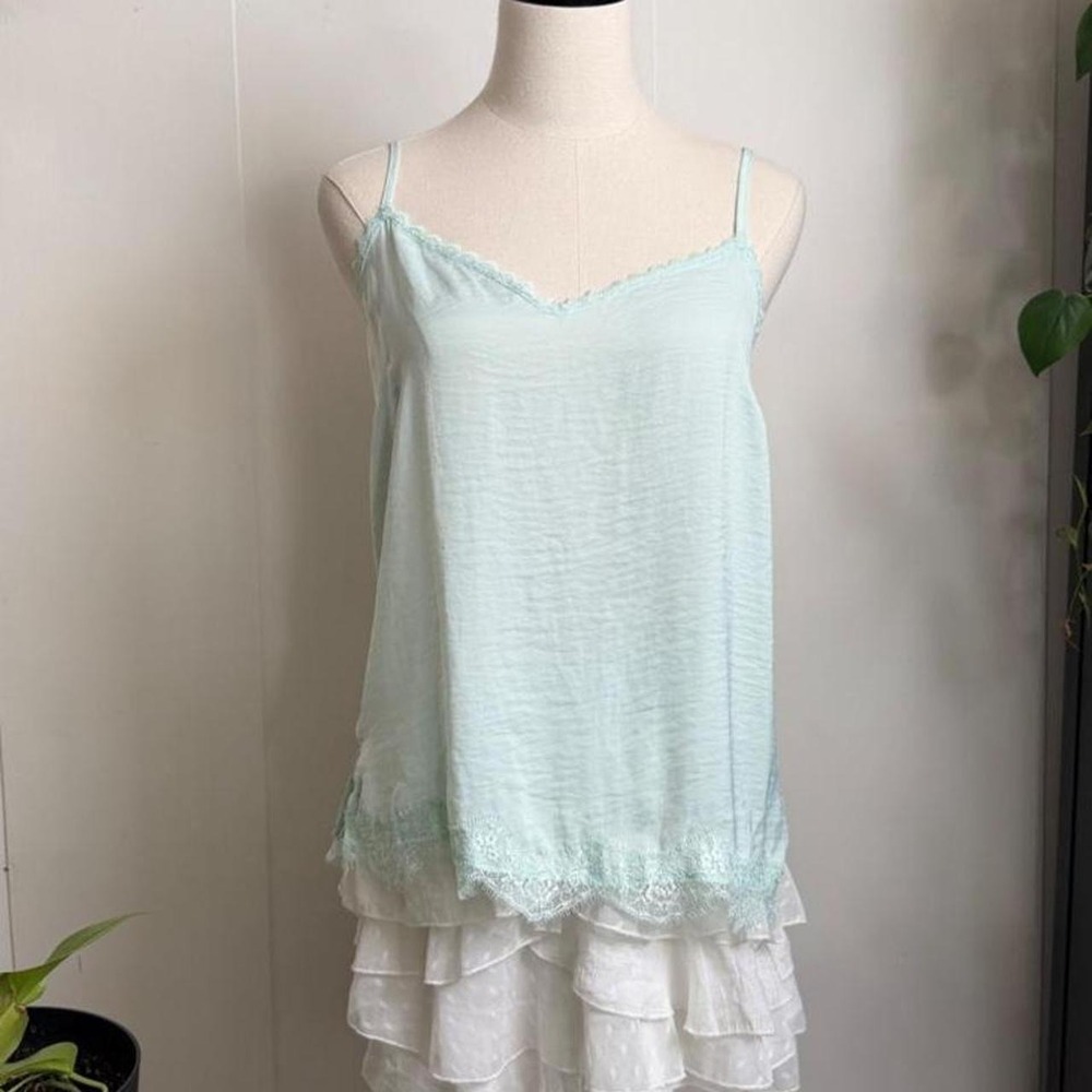 Aerie Women Teal Crinkle Lace Trim Spaghetti Strap Camisole Tank Top Medium